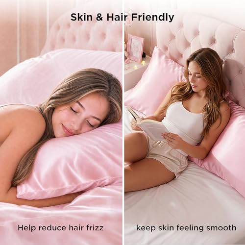 Bedsure Satin Pillowcase Set 2 Pack with Zipper - 20x26 Pink, Silk-Like Bed Pillow Covers
