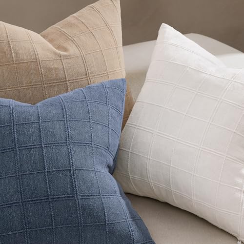 Set of 2 Blue Linen Plaid Throw Pillow Covers 18x18