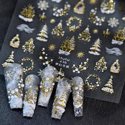 TailaiMei Embossed Christmas Nail Decals Gold Xmas Tree Snow Stickers