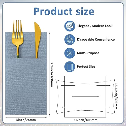 150 Dusty Blue Linen-Like Disposable Napkins for Weddings & Events - Pre Folded with Pocket