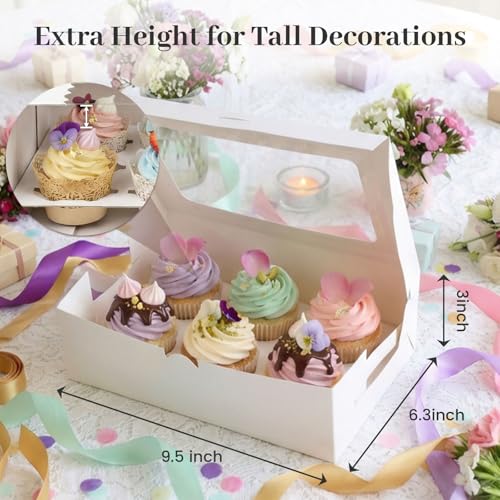 VGOODALL 6-Count Cupcake Boxes with Window - White (6-Pack Set)