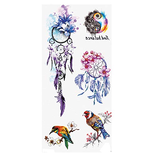 TAFLY Temporary Tattoo Stickers - Bird & Purple Dreamcatcher Floral Design
