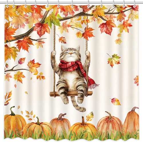Thanksgiving Cat Pumpkin Shower Curtain - 72x72 Polyester Decor