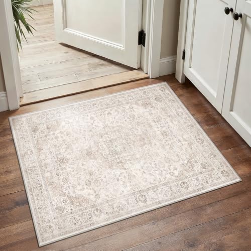 HUGEAR 2x3 Vintage Area Rug, Zest Beige Low Pile Washable Entryway Mat