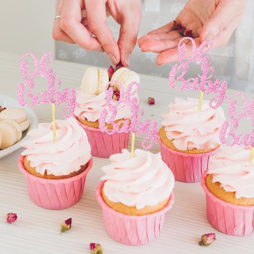 36 Pink Glitter Baby Shower Cupcake Toppers - Pre-Assembled Picks for Parties
