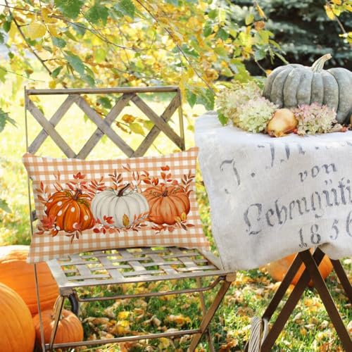 Fall Pillow Cover 12x20 Inch Orange Pumpkin Buffalo Plaid - ARGOOFG