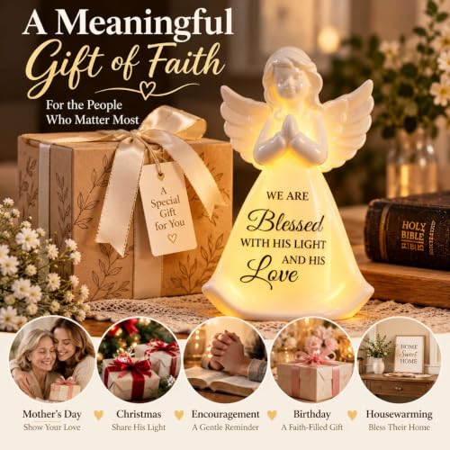 White Lighted Porcelain Angel Figurine with Inspirational Faith Message - Christian Home Decor