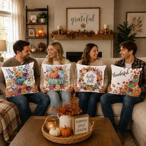 DTDO Pumpkin Floral Fall Throw Pillow Covers 18x18 Set of 4 for Bedroom & Home Decor