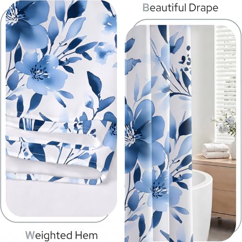 Blue Floral Shower Curtain, 72x72 Inch Watercolor Navy Botanical Bath Set