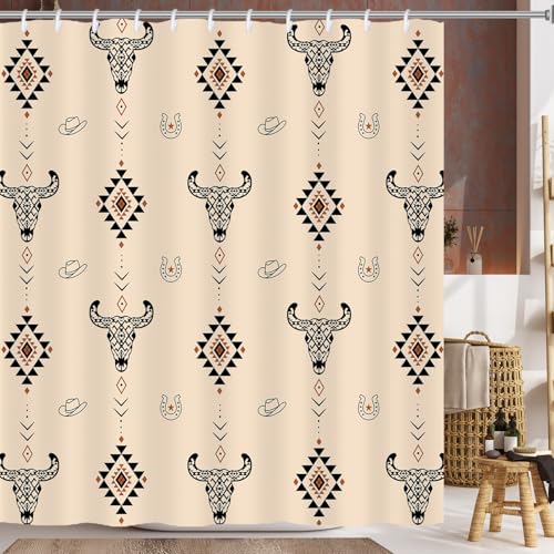 Western Aztec Shower Curtain - Vintage Bull Skull & Cowboy Hat, 72x72