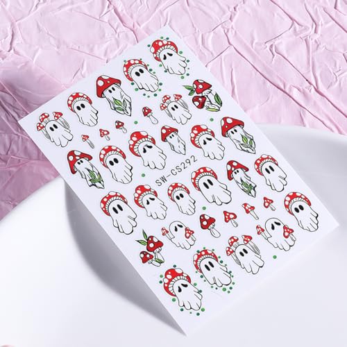 QUNQINLI 2 Sheets 3D Halloween Ghost and Mushroom Nail Art Stickers