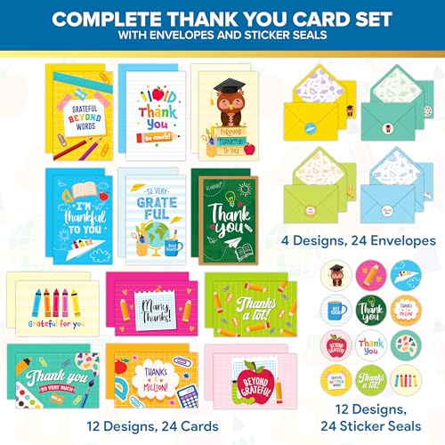 24 Pack Colorful Teacher Thank You Cards - 4x6in Set