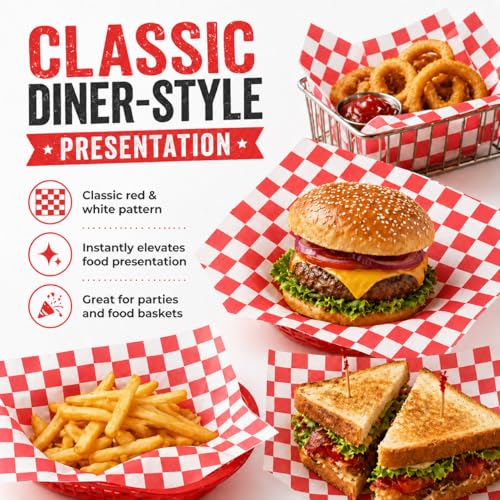 Red & White 7x7 Inch Food Basket Liners, 200-Pack Grease-Resistant Wax Paper
