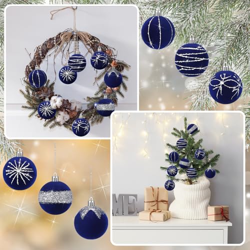 24 Pcs Royal Blue Velvet Glitter Christmas Ornaments Shatterproof Balls