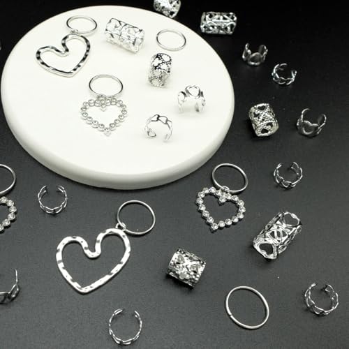 106 Pcs Silver Heart Hair Jewelry Clips Metal Cuffs for Braids Locs