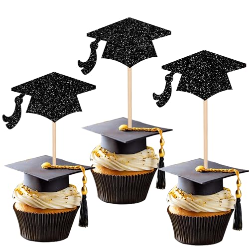 2026 Graduation Cupcake Toppers - Black Glitter 36 PCS