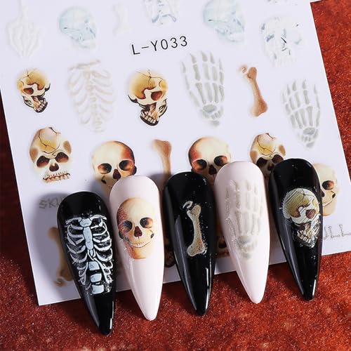 WULIUFLY 6 Sheets Halloween 3D Self-Adhesive Nail Art Decals Ghost Skull Pumpkin