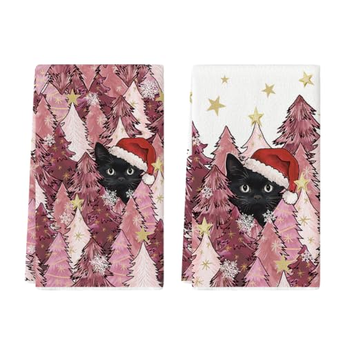 Pink Black Cat Christmas Kitchen Towels Set of 2 - 18x26 Inches