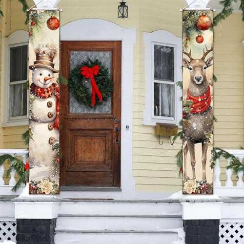 2PCS Christmas Porch Banners Snowman and Deer Holiday Door Decorations