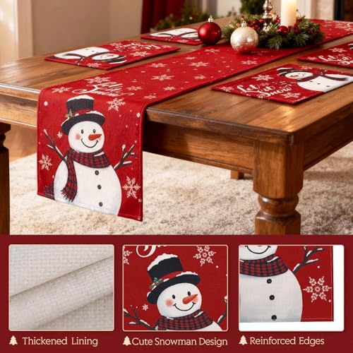 Christmas Snowman Placemats Set of 4 & Table Runner - Holiday Kitchen Decor
