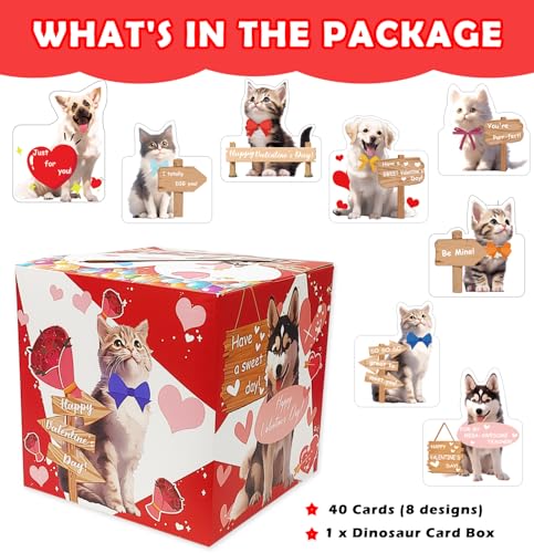SietDESEO Pet Valentines Cards Box for Kids Classroom Exchange with 40 Cards