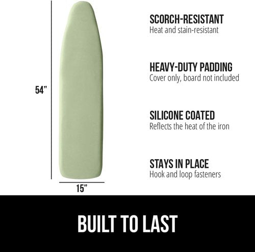 GORILLA GRIP The Original Ironing Board Cover and Pad, Silicone Coating, 400°F Scorch Resistant Thick Padding, Heavy Duty Iron Covers Standard Boards, Hook and Loop Fastener Strap, Sage 15x54