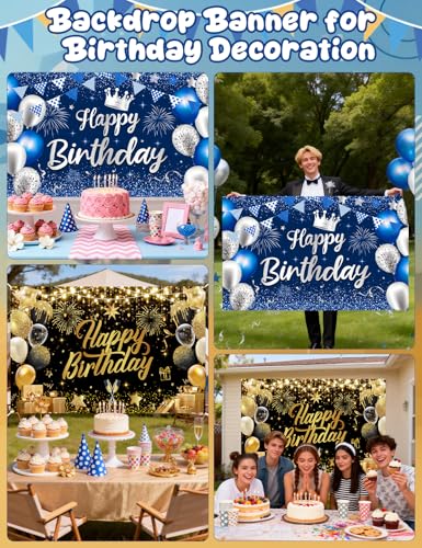 Blue Happy Birthday Backdrop Banner - 73" x 43" Large Fabric Poster