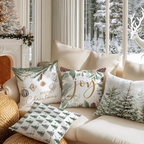 Artmag Merry Christmas Tree Pillow Covers, 18x18 Inch Set of 4
