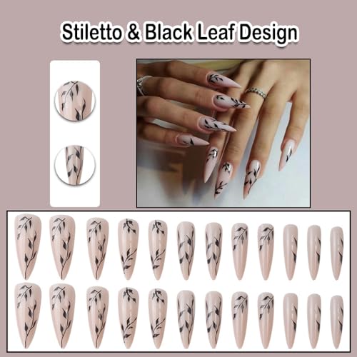 White Stiletto Press on Nails with Black Leaf Design Acrylic False Nails 24Pcs