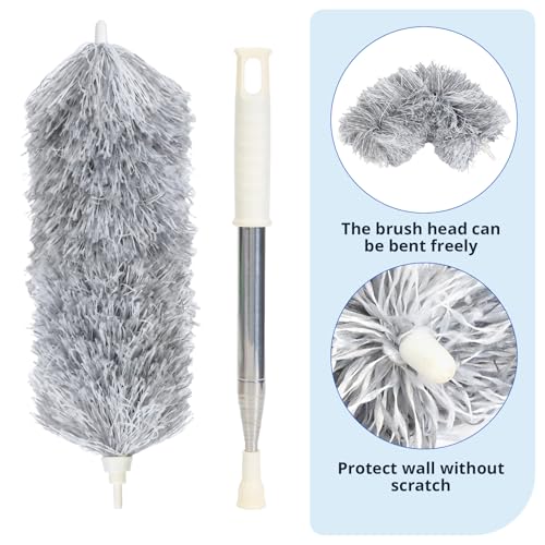 Gray Feather Duster with Extension Pole & Flexible Head for Cleaning