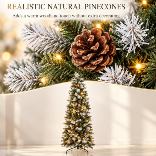 6ft Pre-Lit Slim Artificial Christmas Tree with 250 LED Lights Frosted Tips Pinecones - Green & White, 595 Tips