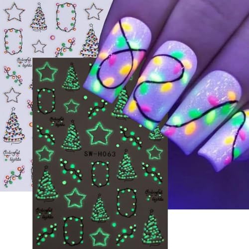 ZOAZJINAZ 4 Sheets Christmas Luminous 3D Nail Art Stickers Decals