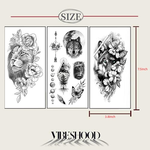 VibesHood Large Temporary Tattoos - Lion and Wolf Waterproof Ink Sheets