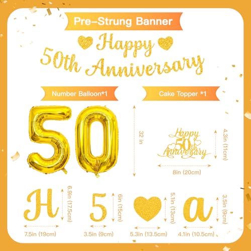 50th Wedding Anniversary Decoration Set - Gold Glitter Banner & Balloons