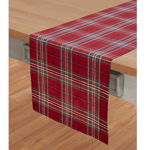 Pure Linen Red Tartan Plaid Table Runner 14x108 Inches - Handmade