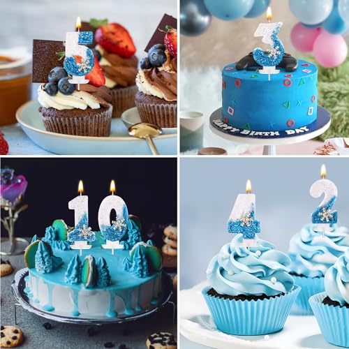 Glitter Snowflake Number Birthday Candles 0-9 - Blue & White