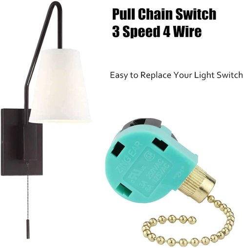 Power & Data Zing Ear Brass Ceiling Fan Switch 3 Speed 4 Wire Pull Chain Zipper Switch Control ZE-268S6 Replace 3 Speed Control Switch Ceiling Fans, Lamps, Wall Lamps, Cabinet Lights (1)