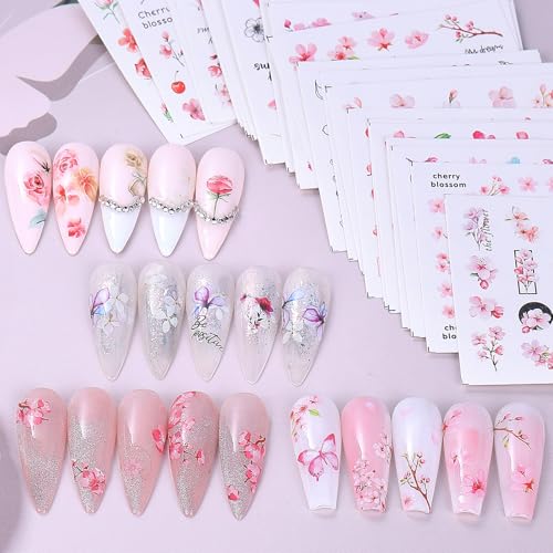 Spring Pink Flower Water Nail Decals 24 Sheets Cherry Blossom Nail Art