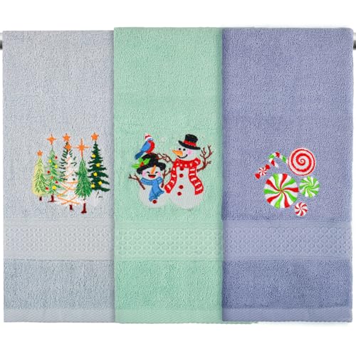 3-Pack Christmas Hand Towels - 100% Cotton, Embroidered, 29x14 Inch
