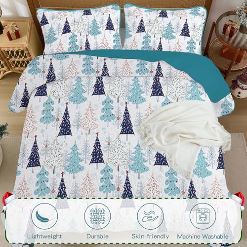 Queen Christmas Quilt Set Blue Xmas Tree 3-Piece Bedding with Pillow Shams - Queen Size