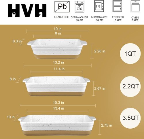 HVH Baking Dish Set - Large 9x13 Ceramic Casserole Dish | Deep Lasagne Pan, Farmhouse Style (White)