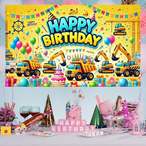 Construction Vehicle Birthday Backdrop Banner - 70.8 x 43.3 in