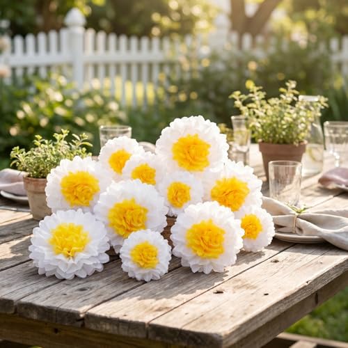 10-Pack Daisy Tissue Paper Pom Poms 8 & 12 Inch Hanging Floral Decor