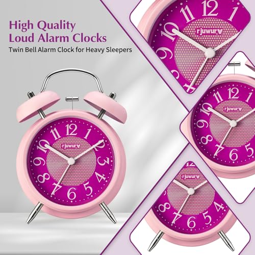 rjuwurv 4-Inch Twin Bell Alarm Clock - Silent Non-Ticking with Night Light, Pink