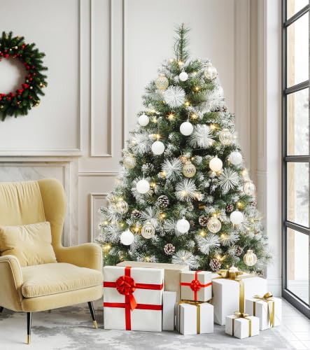 Pre-lit Frosted Artificial Christmas Tree 4.5ft with Pinecones & LED Lights - Green