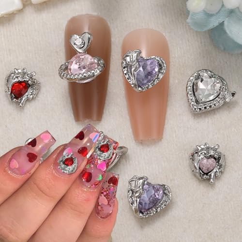 Sutaozhi 12Pcs 3D Silver Heart Nail Charms and Rhinestones for DIY Manicure