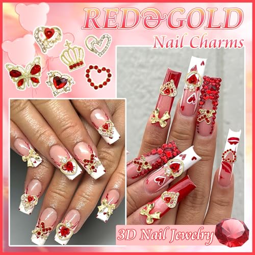 BELICEY 90Pcs Gold Nail Charms 3D Assorted Bow Heart Rhinestone Alloy Decor