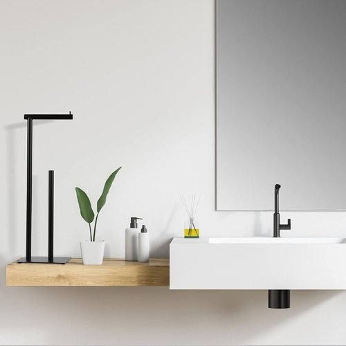 Black Toilet Paper Holder Stand - Free Standing Tissue Roll Dispenser for Farmhouse Bathroom