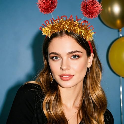 Jaciya Birthday Girl Tinsel Headband with Red Pom Poms and Gold Glitter