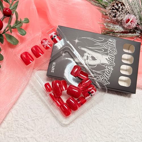 Christmas Press on Nails Short Square False Nails Santa Snowflake 24Pcs